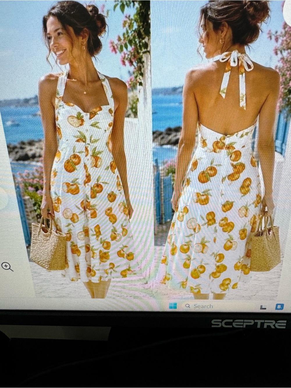 Zara White Midi Halter Dress with Orange Fruit Print